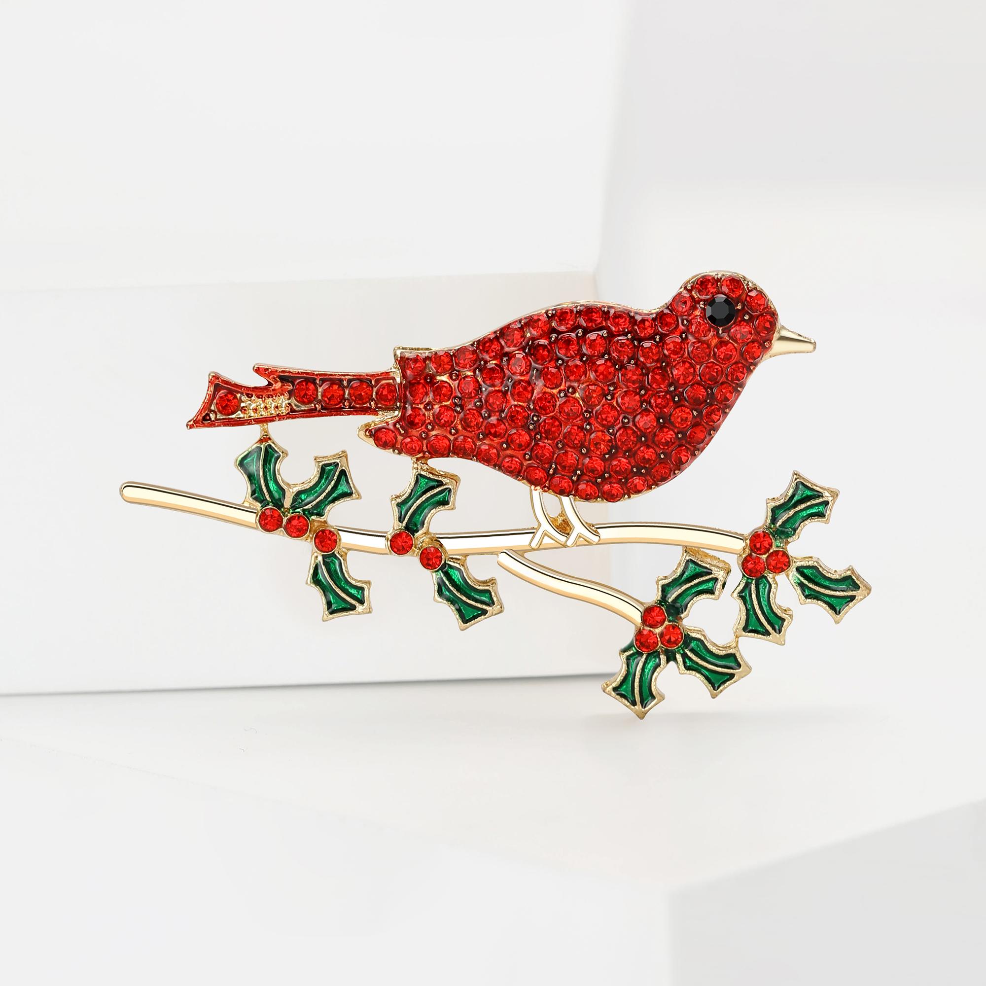 Enamel  Northern Cardinal Pin for Women Rhinestone Red Bird Animal Brooches Event Funny Luxury Gifts New Year Friends Decoration
