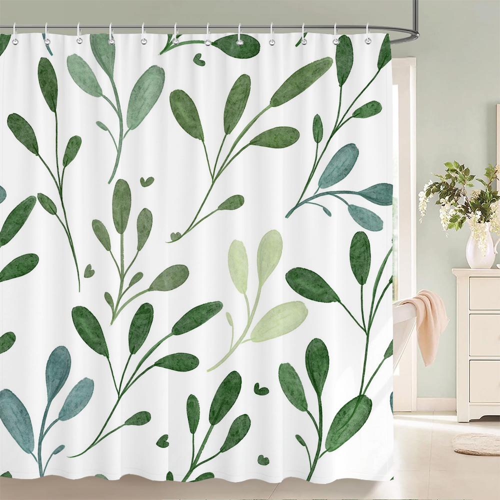 1 pack of Green leaf plant pattern polyester shower curtain bathroom partition curtain with hooks home decorative curtain