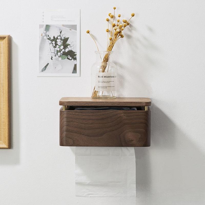 Solid wood bathroom tissue box No punching wall-mounted hand wipe carton Creative black walnut hanging pumping carton