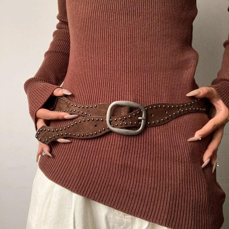 Women's Vintage Rivet Belt New Fashion Wide Waist Cummerbund Niche Design Leather Belt for Jeans Dresses Punk