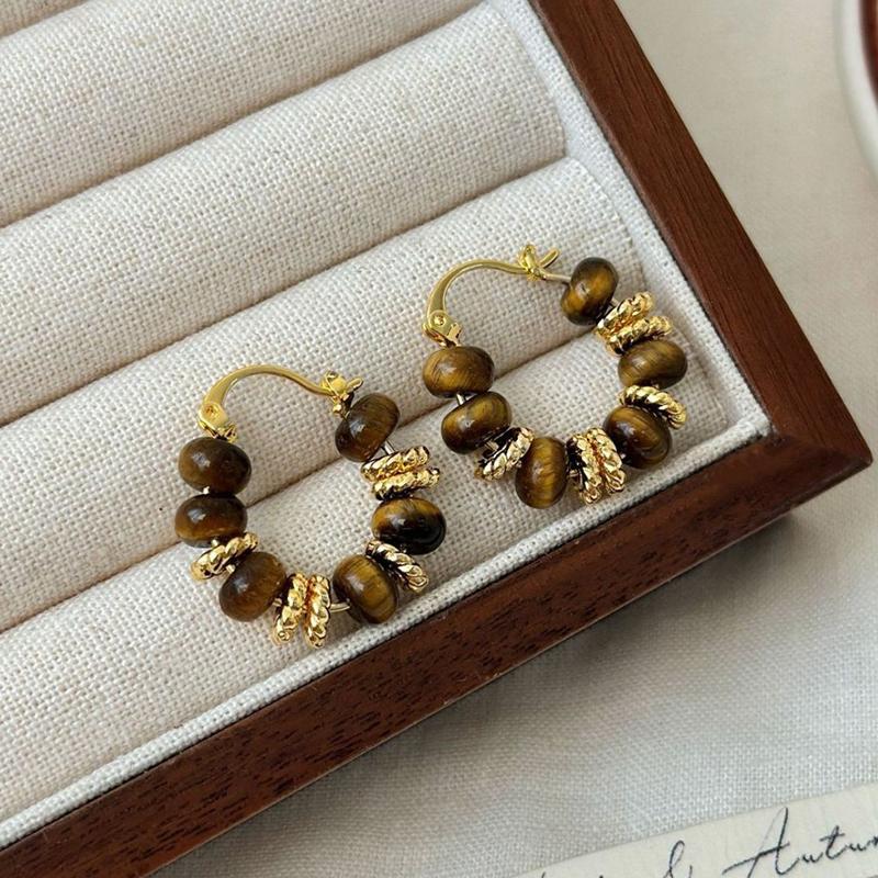 PONYKISS Sterling Silver Tiger's-eye Minimalist Bead Hoop Earrings for Women Trendy Fine Geometric Accessories