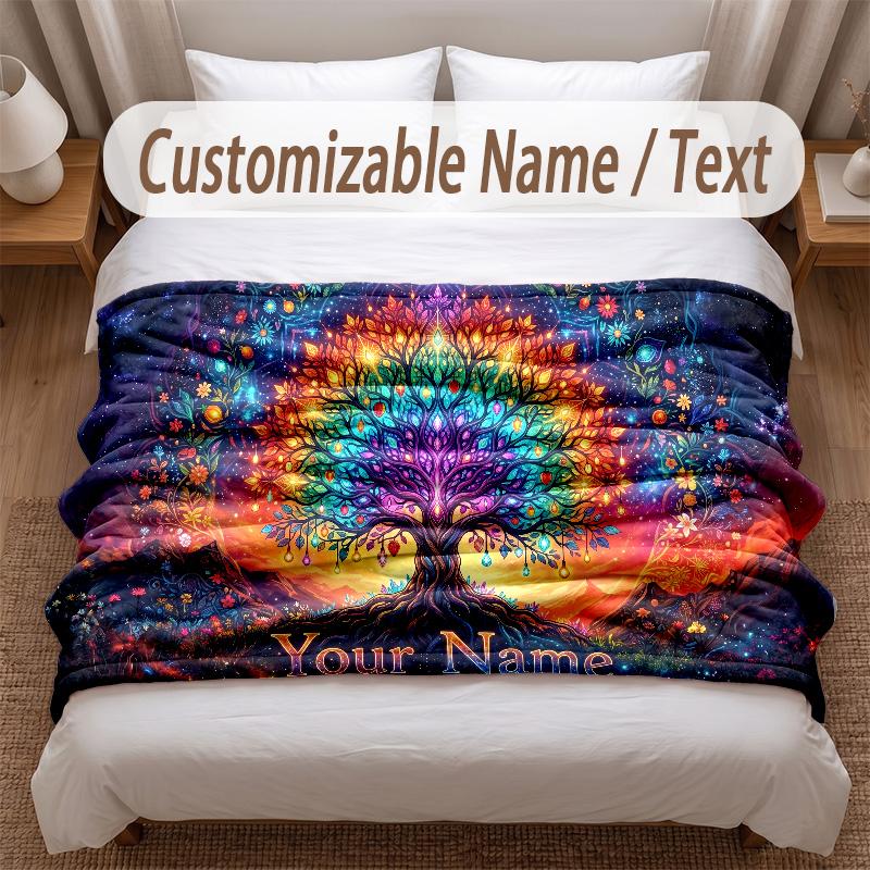 Tree of Life Theme Soft Blanket Personalized Custom Name Text Print Warm Blanket Home Sofa Bedroom Decor