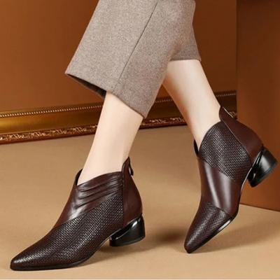 Luxury Women's Ankle Boots  Pointy Retro Fleece Leather Shoes Fashion High Quality Office Low Heel Shoes Black Platform Boot