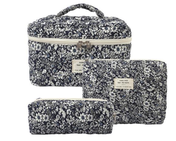 Hand-held makeup bag large capacity small floral storage bag portable quilted cotton fabric cute flowers travel bag