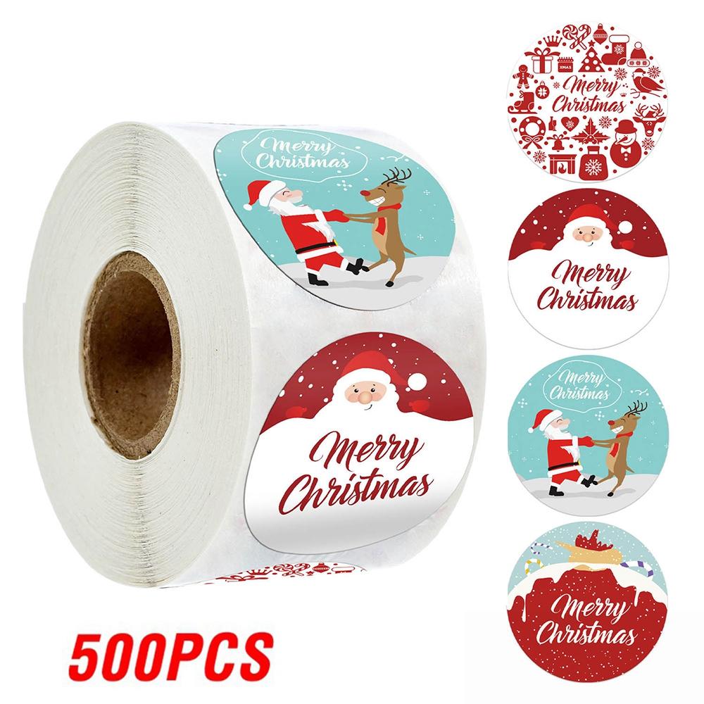 100-500pcs Merry Christmas Sticker , Round Adhesive Decoration Sticker for Cards Envelope Seal Xmas Gift Wraps Box Bags