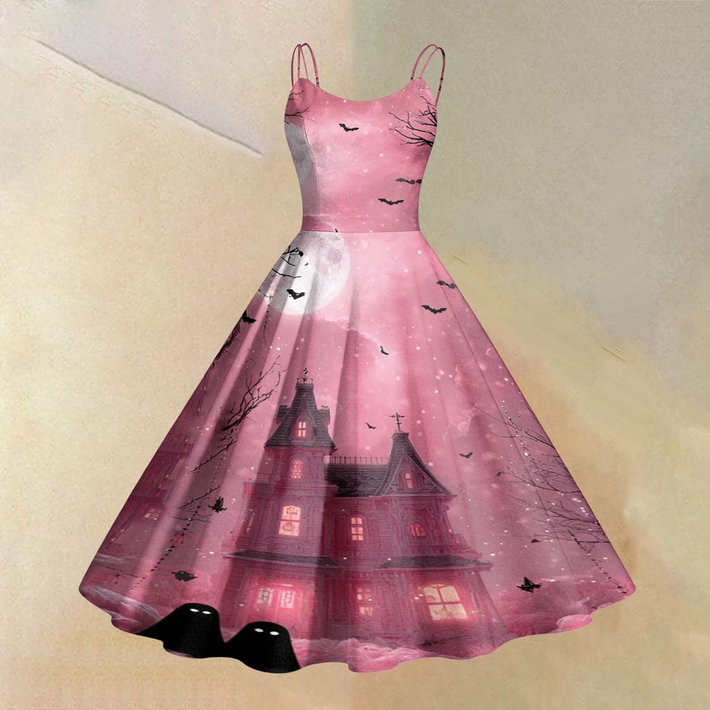 Women's Casual Halloween Print Round Neck Sleeveless Dress for Holiday Party
