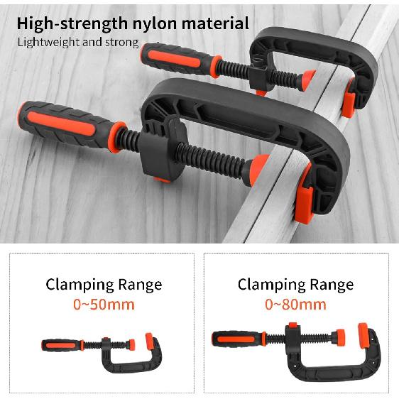 2Pcs C Clamp Set - Strong Clamping Force Plastic Rubber Clamps for Woodworking, DIY and Household Projects, Adjustable and Ergonomic with
