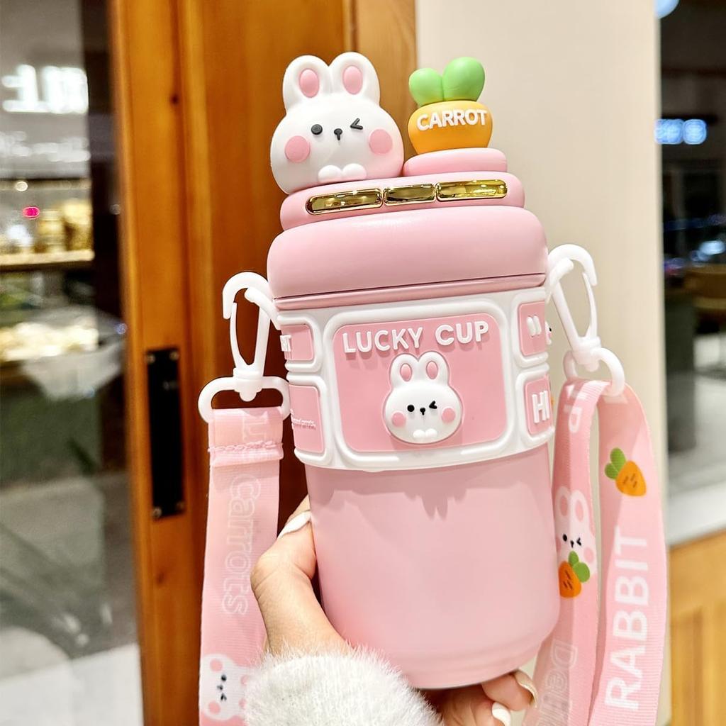 Cute Stainless Steel Water Bottle with Straw and 550ML Rabbit Insulated Bear Water Bottle Leakproof Strap,
