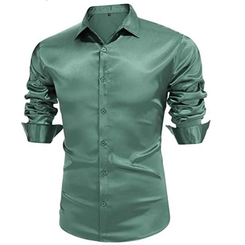 

Fashion British Men s Glossy Solid Color Breathable Business Casual Long-sleeved Shirt Men s Lapel Long-sleeved Glossy Top XXXL зелений