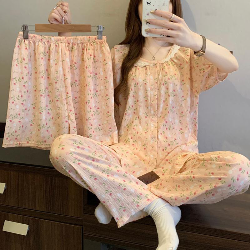 

Девичья пижама из хлопка с цветочным принтом Облако , Женская летняя одежда для отдыха с круглым вырезом и кружевом, Комплект из трех предметов с коротким рукавом M