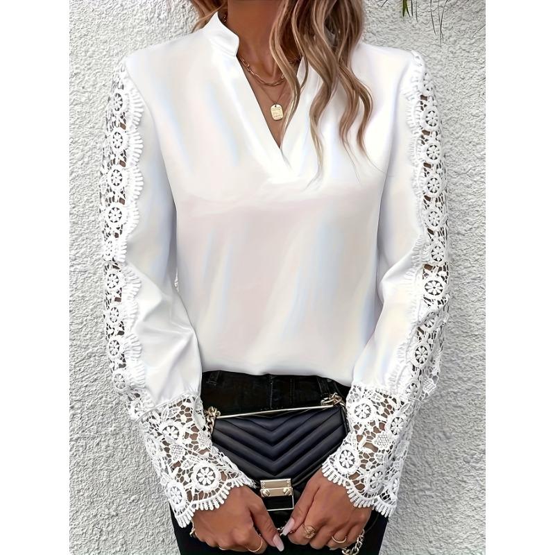 Весенняя Новая Рубашка Однотонная Кружевная Строчка V-образный Вырез Модная Ажурная Женская Рубашка S белый