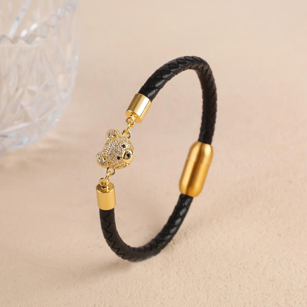 6 Colors Cute Zirconia Animal Bear Leather Braided Bracelet Classic for Man Woman Party Daily Wear Stainless Steel Jewelry Gift