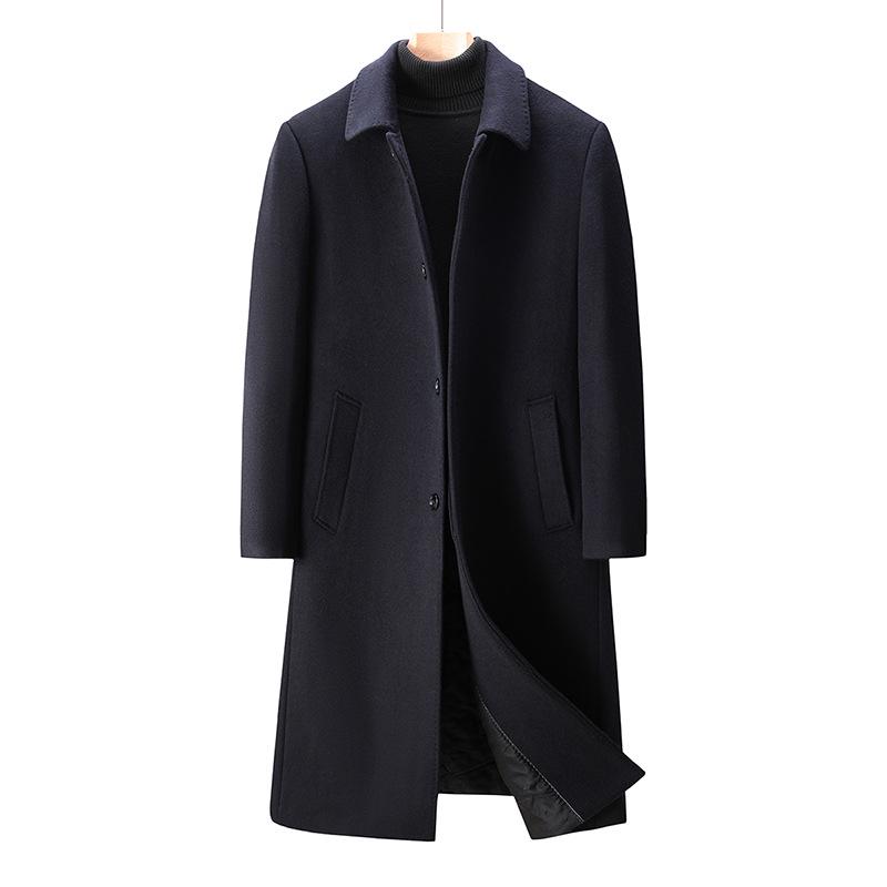 Men's Long Cashmere Coat, Below-Knee, Autumn-Winter Thick Wool Trench for Middle-Aged and Elderly.