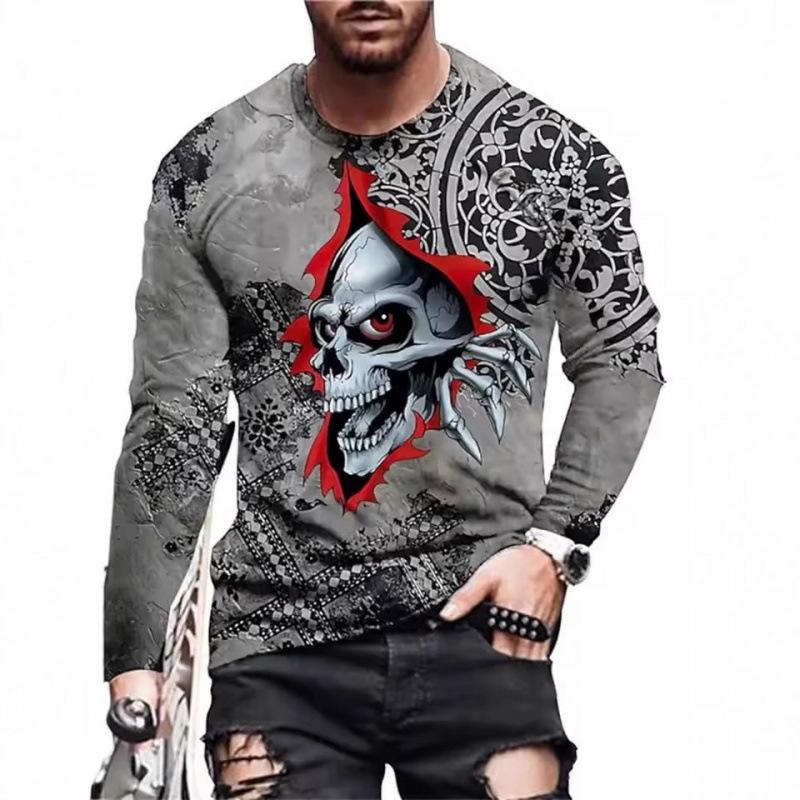 Autumn Round Neck 3D Skull Pattern Printed Top Fashionable Casual Long Sleeved Men's T-shirts
