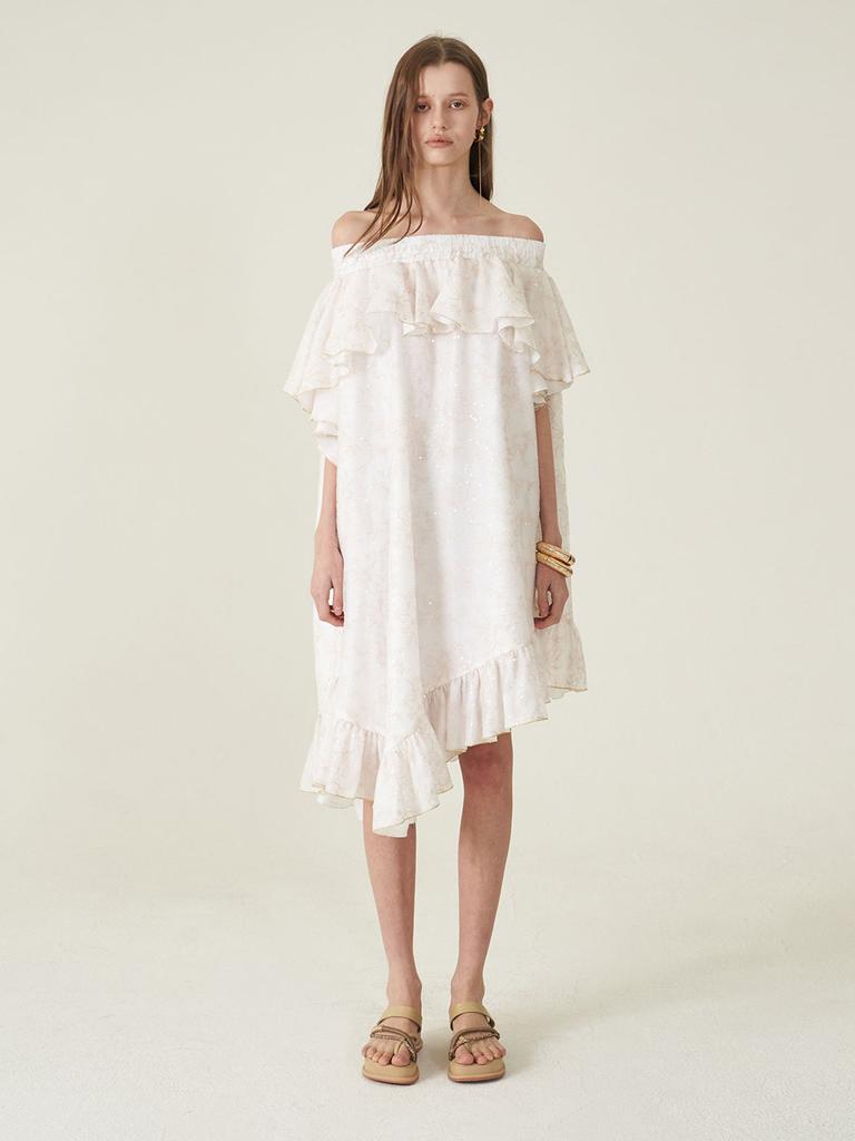 Kaie White Sequin Off-Shoulder Asymmetrical Frill Dress