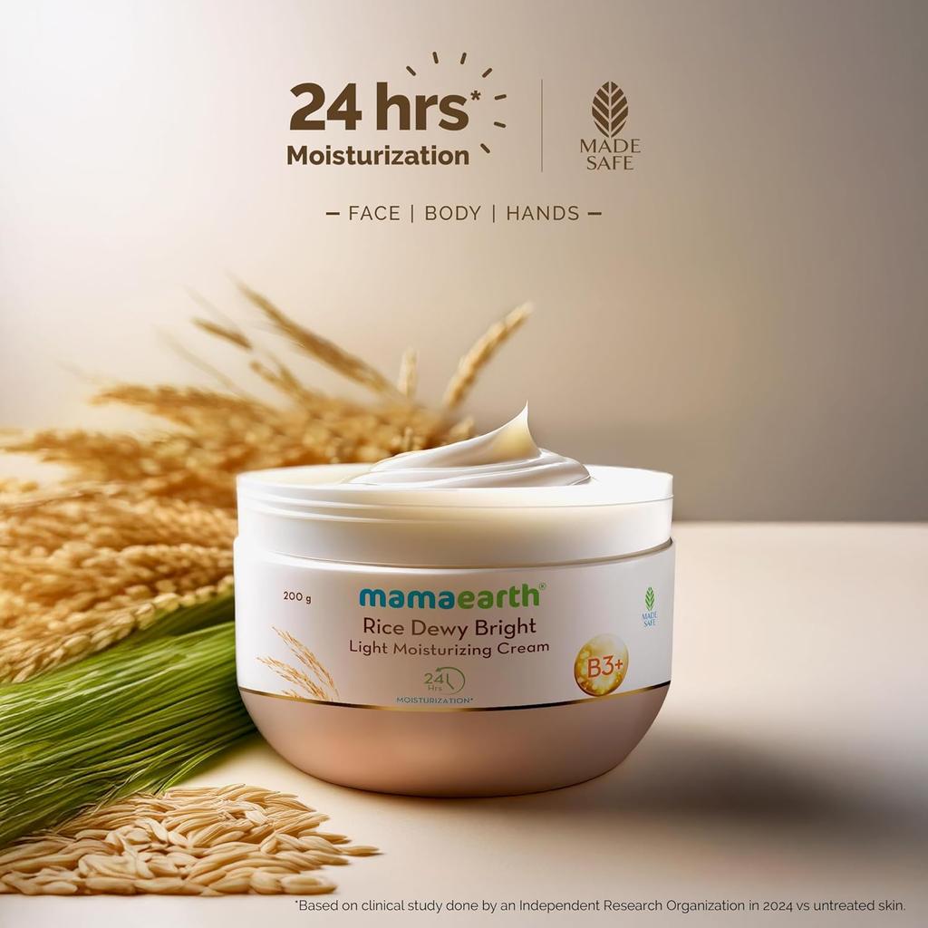 Mamaearth Rice Dewy Bright Light Moisturizing Cream 200G For Face Hands Body Non-Greasy 24H Hydration Glow For All Skin Types
