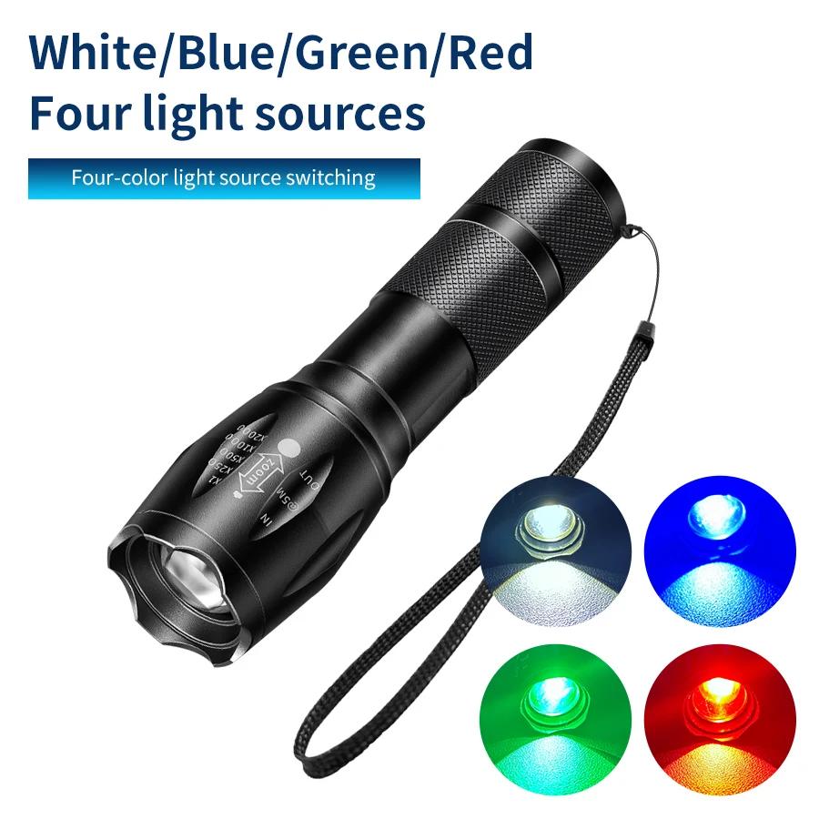 Multifunction Rechargeable Flashlight Green Red Blue White Multi-Color LED Torch for Fishing Camping Hunting Photography Selfie