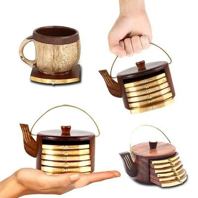 Wooden Kettle Shape Coasters for Kitchen and Dining Table Coffee Mugs Tea Cups Beer Cans Bar Tumblers and Water Glasses, Set of 6