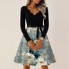 Women's Casual Fashion V-neck Long Sleeved Retro Christmas Print Retro Dress