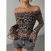 Spring and autumn sexy leopard print one-word collar women's thin long-sleeved T-shirt, fashionable sweet and spicy women's long-sleeved pullover