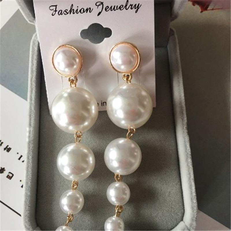 New Trendy Elegant Created Big Simulated Pearl Long Earrings Pearls String Statement Dangle Earrings