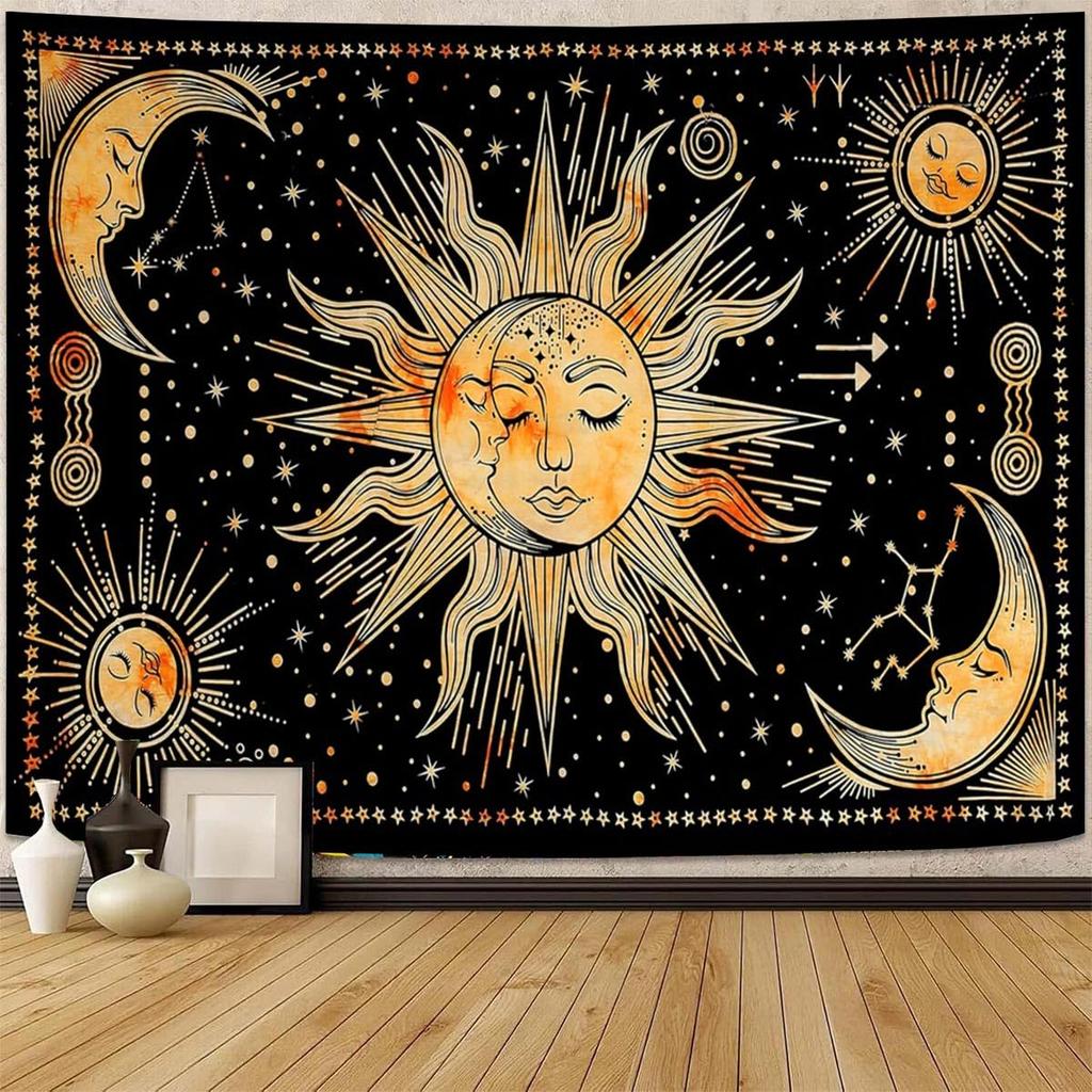 Hippe Boho Sun And Moon Tapestry, Trippy Colorful Tapestries Mystic Aesthetic Burning Sun Moon Wall Hanging Blanket For Bedroom