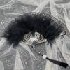 Elegant Vintage Style Handheld Feather Fan with Lace Embellishments for Women and Girls Perfect for Stage Performances and