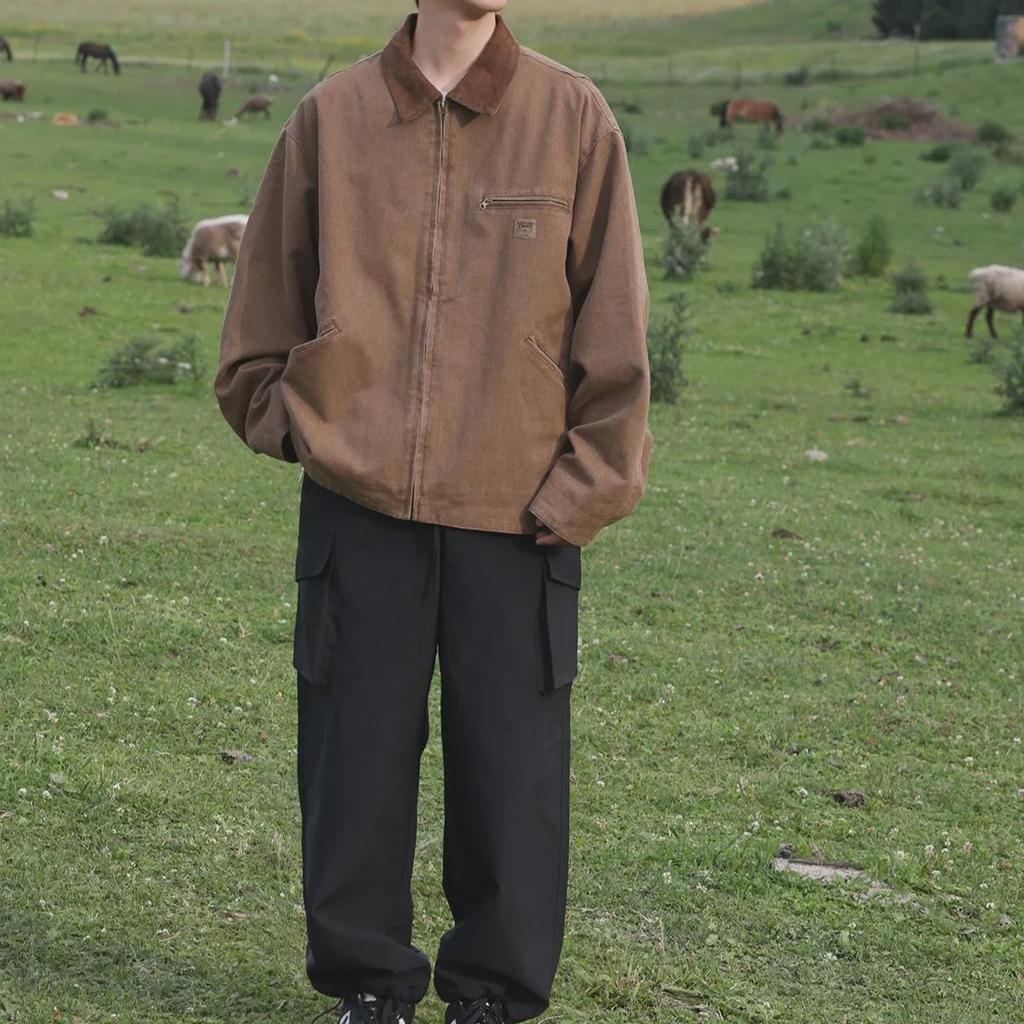 Japanese Retro Coffee-Colored Men's Loose Workwear Jacket