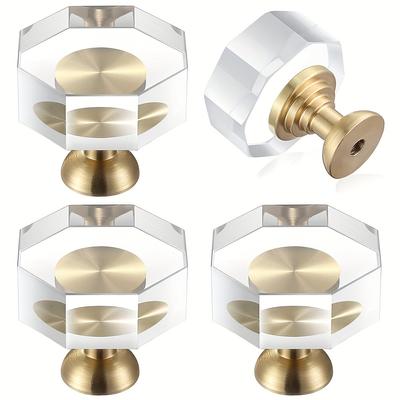 4 Pcs Clear Cabinet Glass Crystal Knobs Brass Drawer Round Dresser Pulls Gold Hardware Kitchen Closet Knobs for Cabinets(Single Hole with Screw)