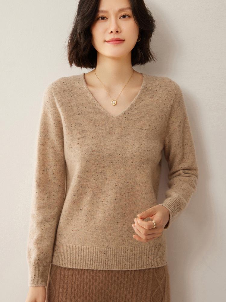 Women's V-Neck Dot Yarn Wool Sweater - Thick, Warm, Versatile Knitwear for Autumn and Winter
