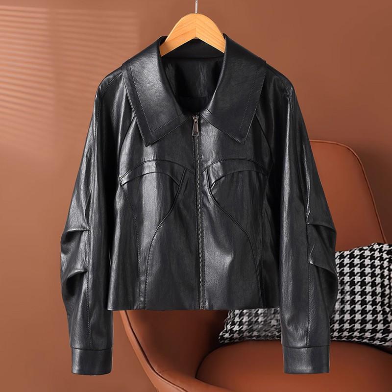 Womens Short Lambskin Leather Jacket Loose Fit Casual Chic Coat No Hood Flip Collar 2026
