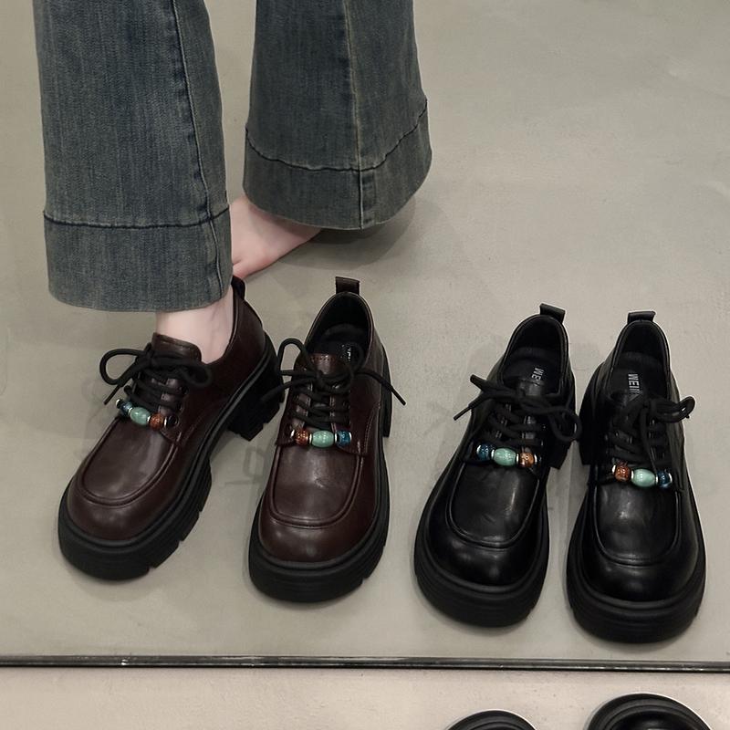 Fashion Retro round-toe beaded small leather shoes 2025 new style versatile British style thick-soled, thick-heeled, lace-up loafers