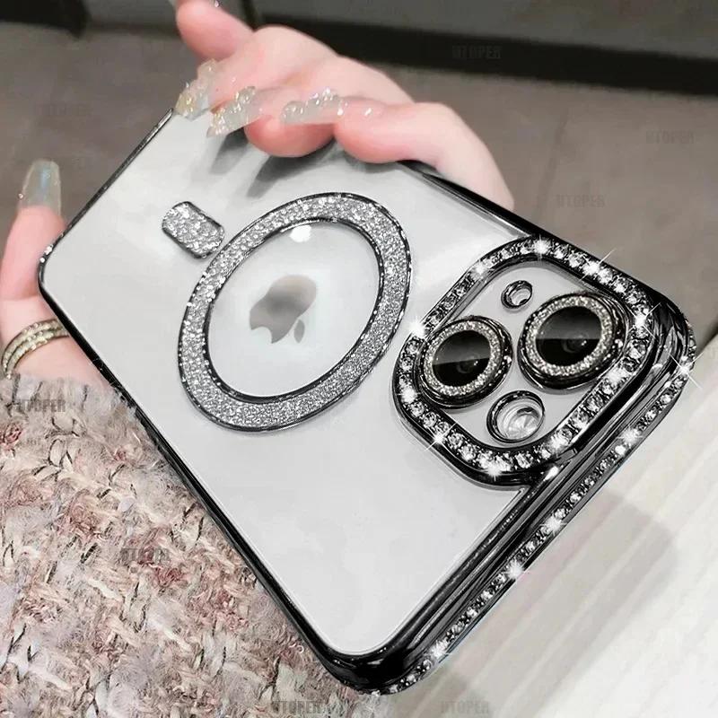 New Fashion Glitter Diamond Transparent Case for IPhone 16E 15 14 13 11 12 Pro Max 16 Plus Magnetic Wireless Charge Bumper Cover
