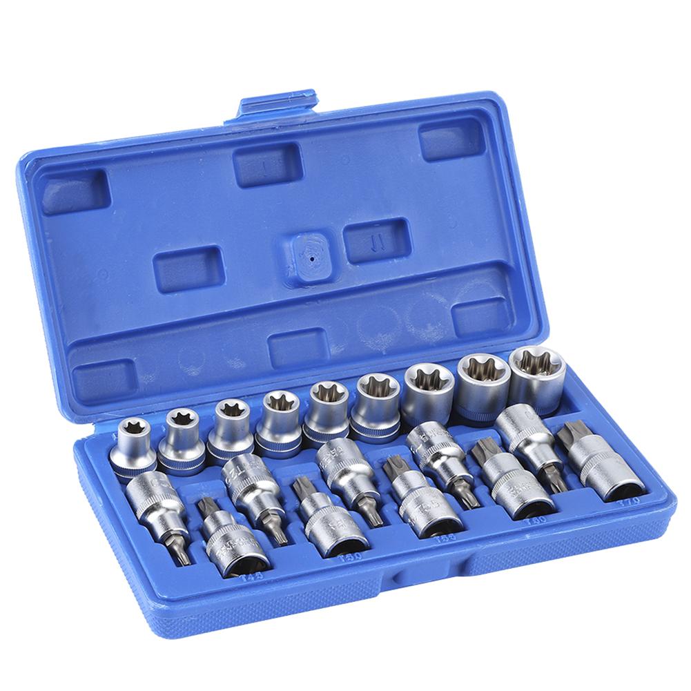 19Pcs Set 1 2in Drive Star Hex Socket Bit Kit E Type Male Female Car Repairing Tool