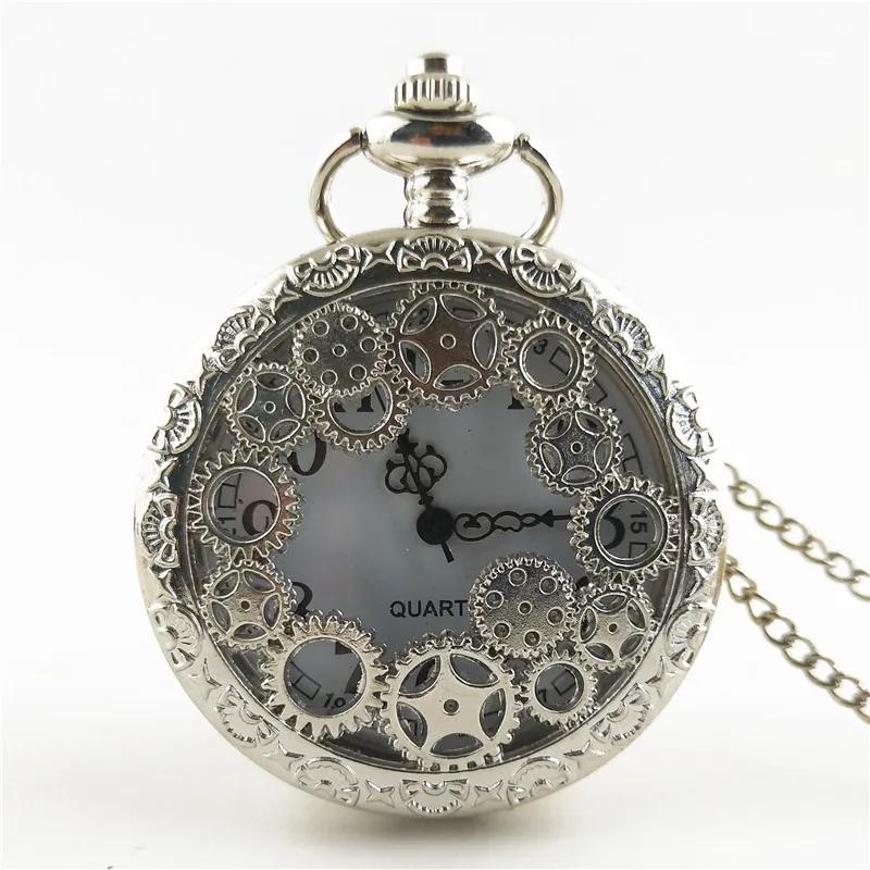 Steampunk Copper Vintage Hollow Gear Hollow Quartz Pocket Watch Necklace Pendant Clock Chain Men Women Unique Watch