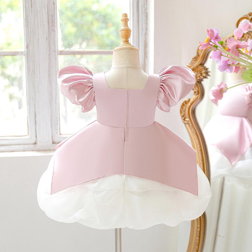 New Girls' Satin Puff Sleeve Princess Dress - Perfect for Birthdays, Weddings, and Special Occasions