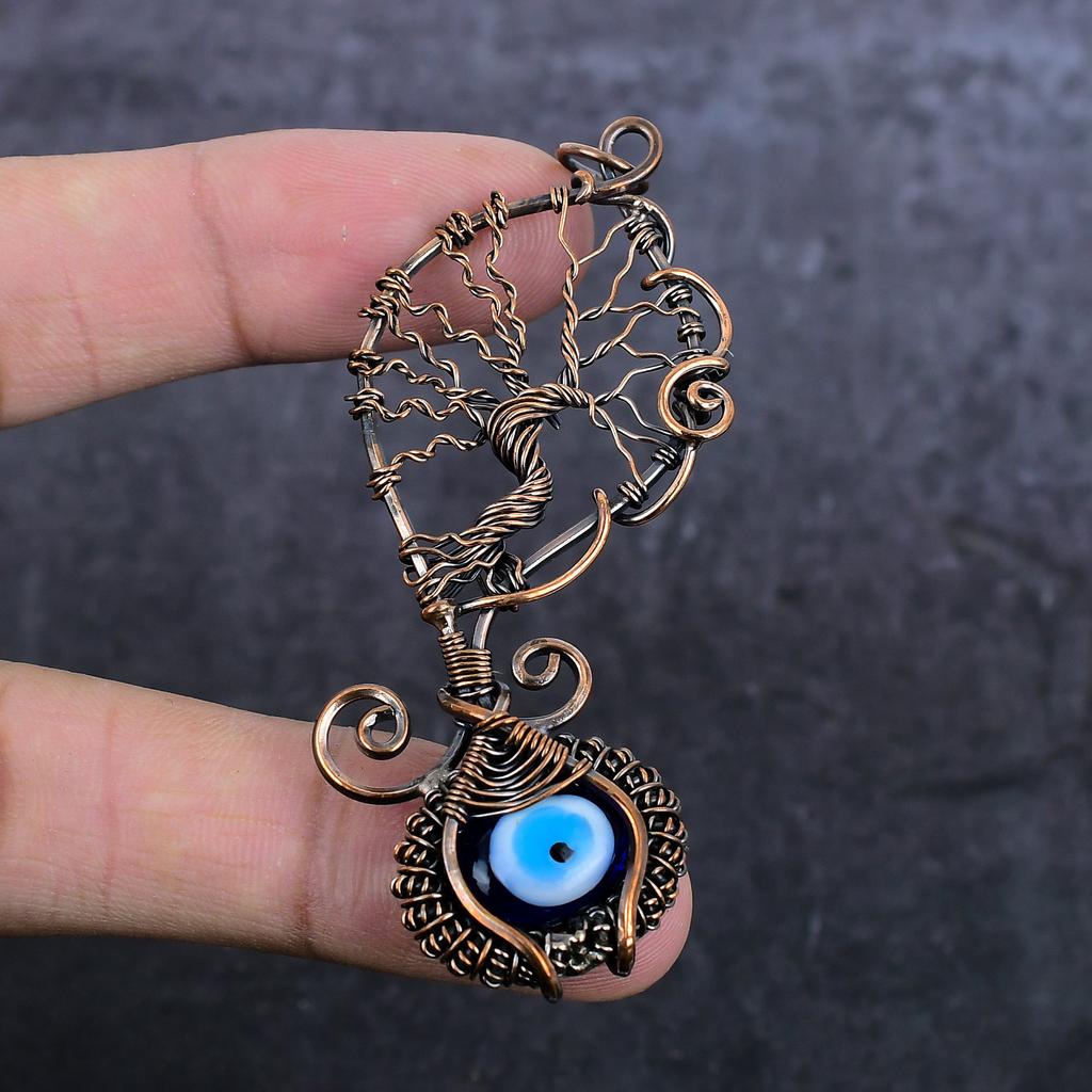 Pendente Gioiello Naturale Occhio Malvagio Blu Pietra Preziosa Filo di Rame Avvolto 3,15" w3Q85