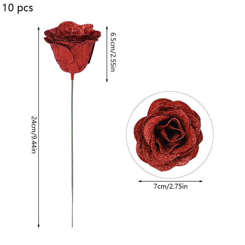 

10Pcs Glitter Red Rose Artificial Flowers Bouquet for Wedding Valentine s Day Decoration Baby Shower Party Home Garden DIY Decor красный