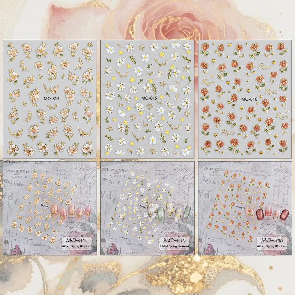 3 To 15 Sheets 5D Embossed Gold Outline Flower Nail Stickers Rose Daisy Spring Blossom Self-Adhesive Floral Decals