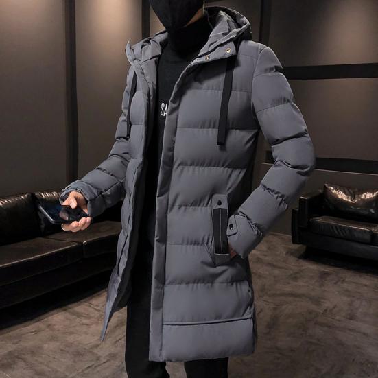 Autumn Winter Men Jacket Cotton Padded Hooded Long Sleeve Drawstring Mid-length Windbreaker for Daily Wear