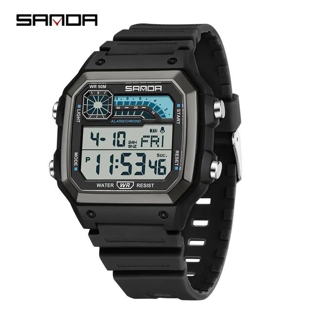 SANDA 6196 Relógio Digital Masculino Pulseira de Silicone Quadrado Eletrônico LED Alarme Contagem Regressiva Tempo Duplo À Prova d'Água Esportivo Casual