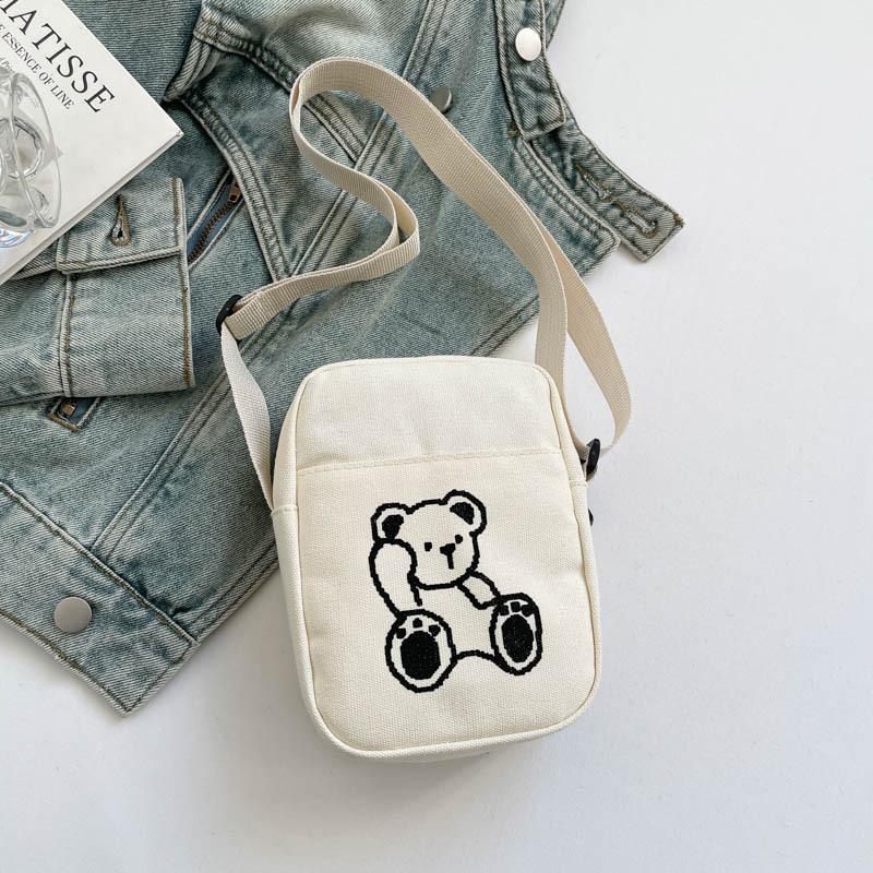 Cute Bear Embroidery Shoulder Bag for Women, Versatile Single Strap Crossbody Phone Pouch, Casual Student Canvas Handbag