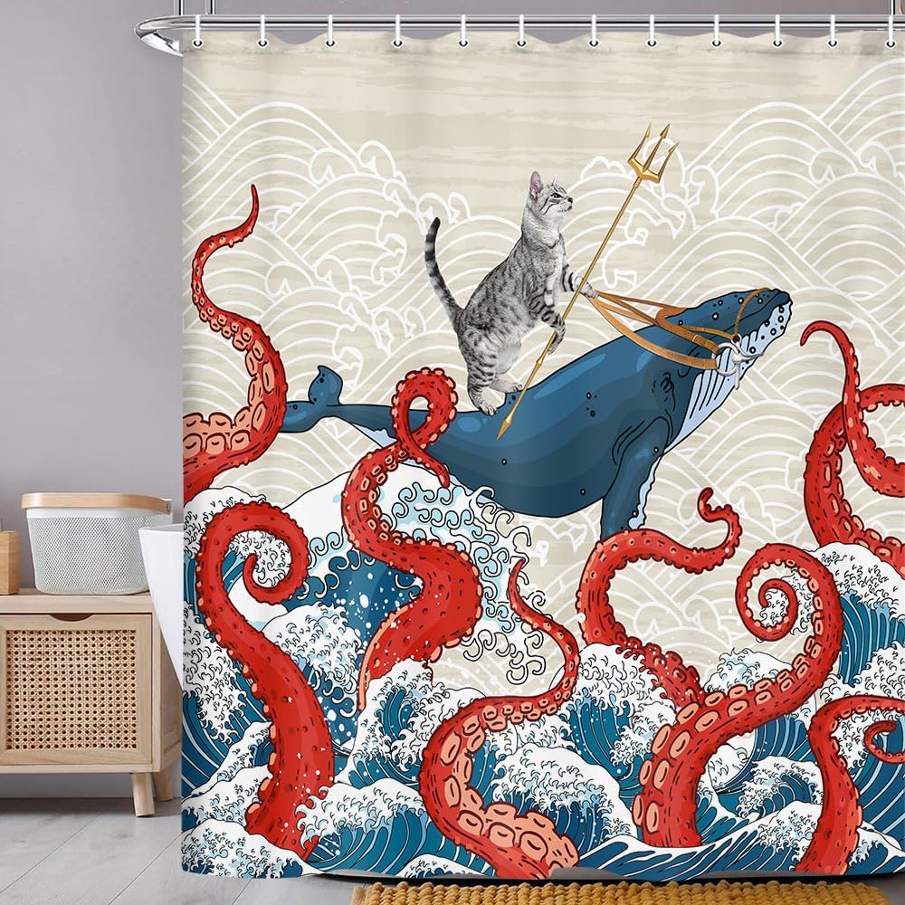 Funny Cat Whale Shower Curtain, Red Kraken Octopus Japanese Ocean Wave with Chinese Auspicious Clouds Shower Curtain with Hooks