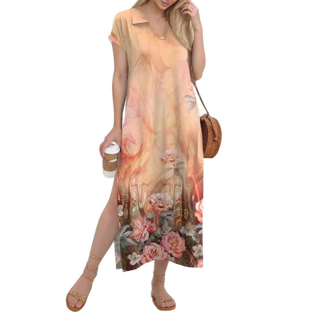 Women's Long Skirt Casual V-neck Long Shirt Dress Loose Slit Holiday Short Sleeve Dress
