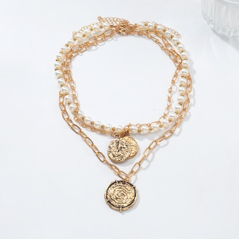 Layered Gold-Tone Alloy Necklace Set With Multi-Row Imitation Pearl Coin Pendants Women Geometric Chic Statement Jewelry