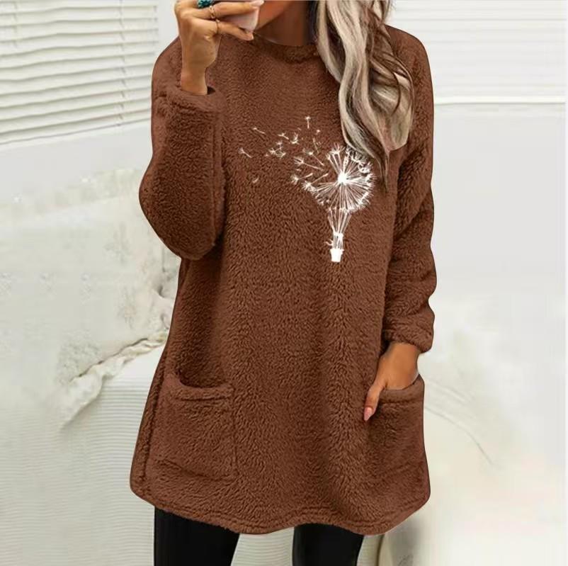 Women's Loose Fit Crew Neck Tunic Sweatshirt Long Sleeve Double Fleece Pullover Top Dandelion Floral Print Casual Fall Sweater With Side Pockets