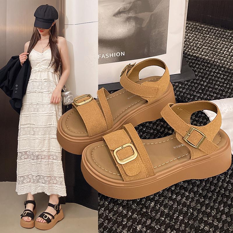 

Fashion 2025 Sandals Black Shoes for Women Strappy Heels New Gladiator Beige Retro Comfort Clogs Girls Low Fashion Summer 35 коричневый