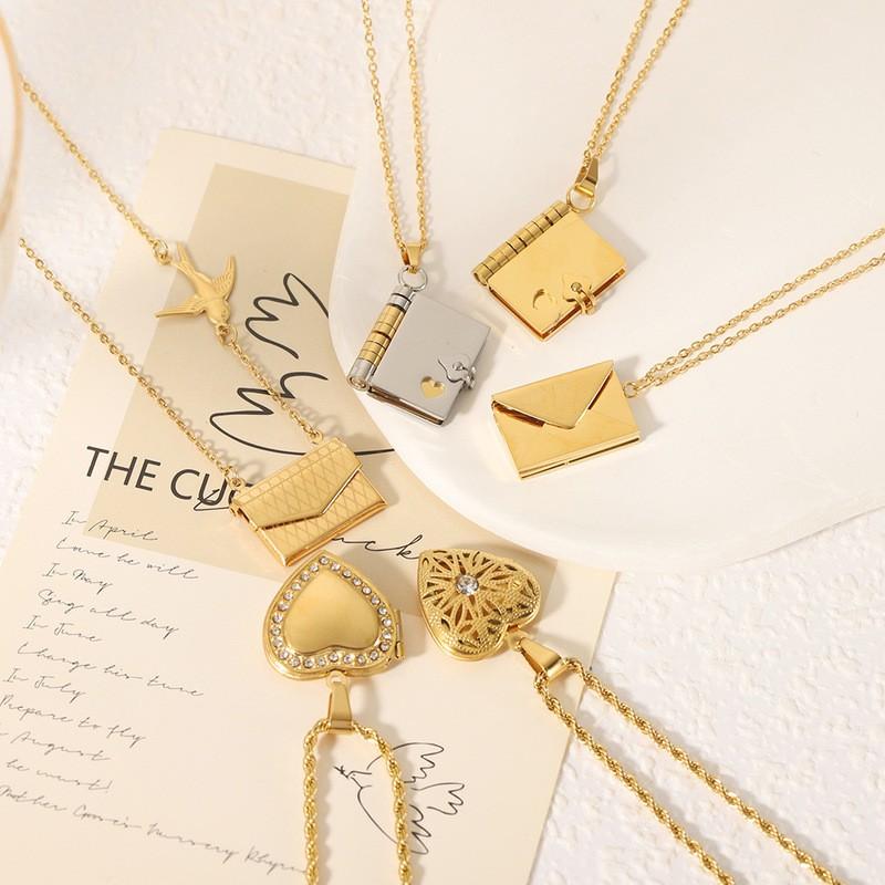 Stainless Steel Book-Shaped Pendant Necklace With Heart Clasp Women Ins Style Minimalist Locket Chain Jewelry