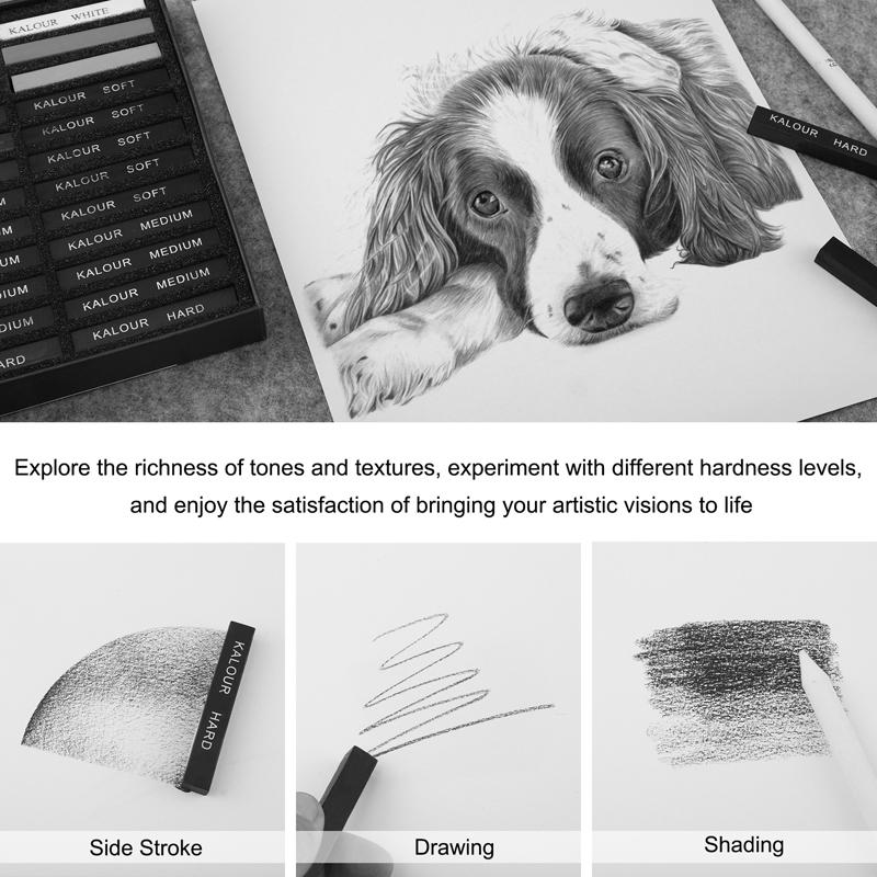KALOUR 24pcs Charcoal Sketch Sticks,Soft&Hard&Medium Grades Black/White/Gray Professional Drawing Set Multi-purpose Art Tools