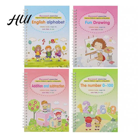 Early Elementary School Writing Workbook 4Pcs/Set Grooved Copybook Handwriting Kit with Letters Numbers Educational for Kids Tracing Reusable